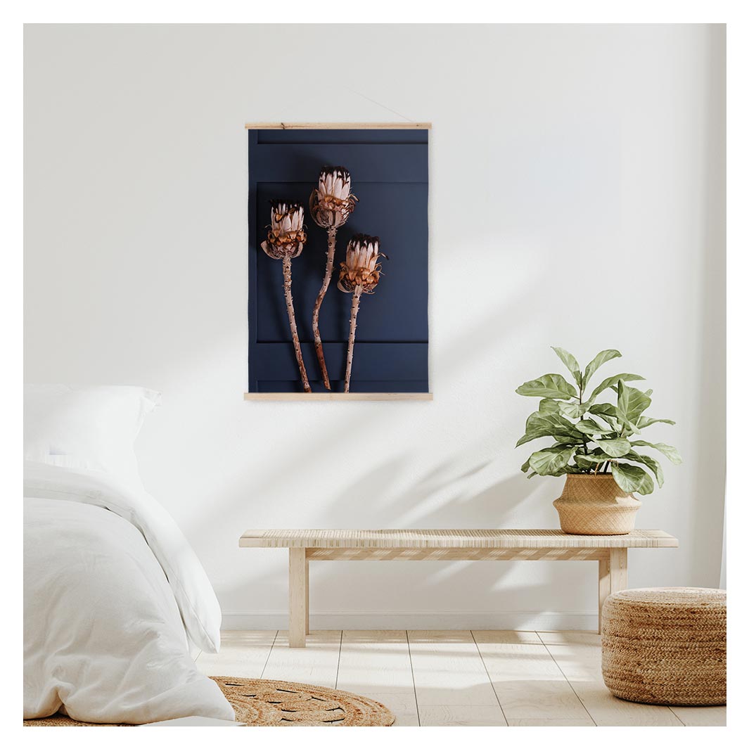 LIGHT PROTEAS ON NAVY WALL HANGING