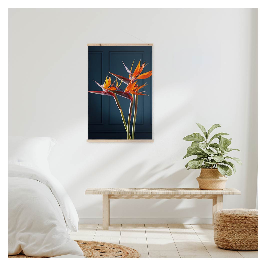 STRELITZIA TRIO ON RICH BLUE WALL HANGING