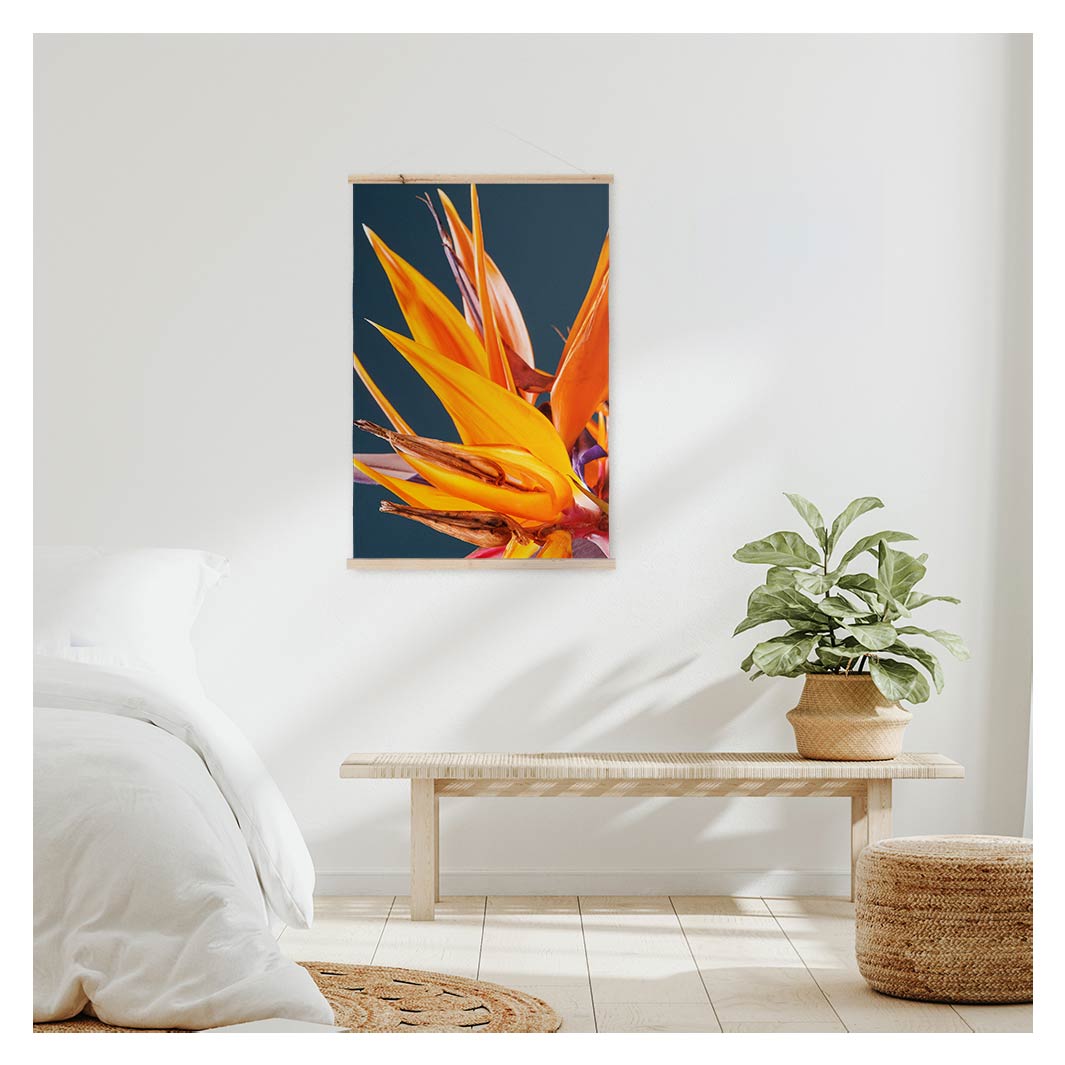 STRELITZIA ORANGE ON BLUE WALL HANGING