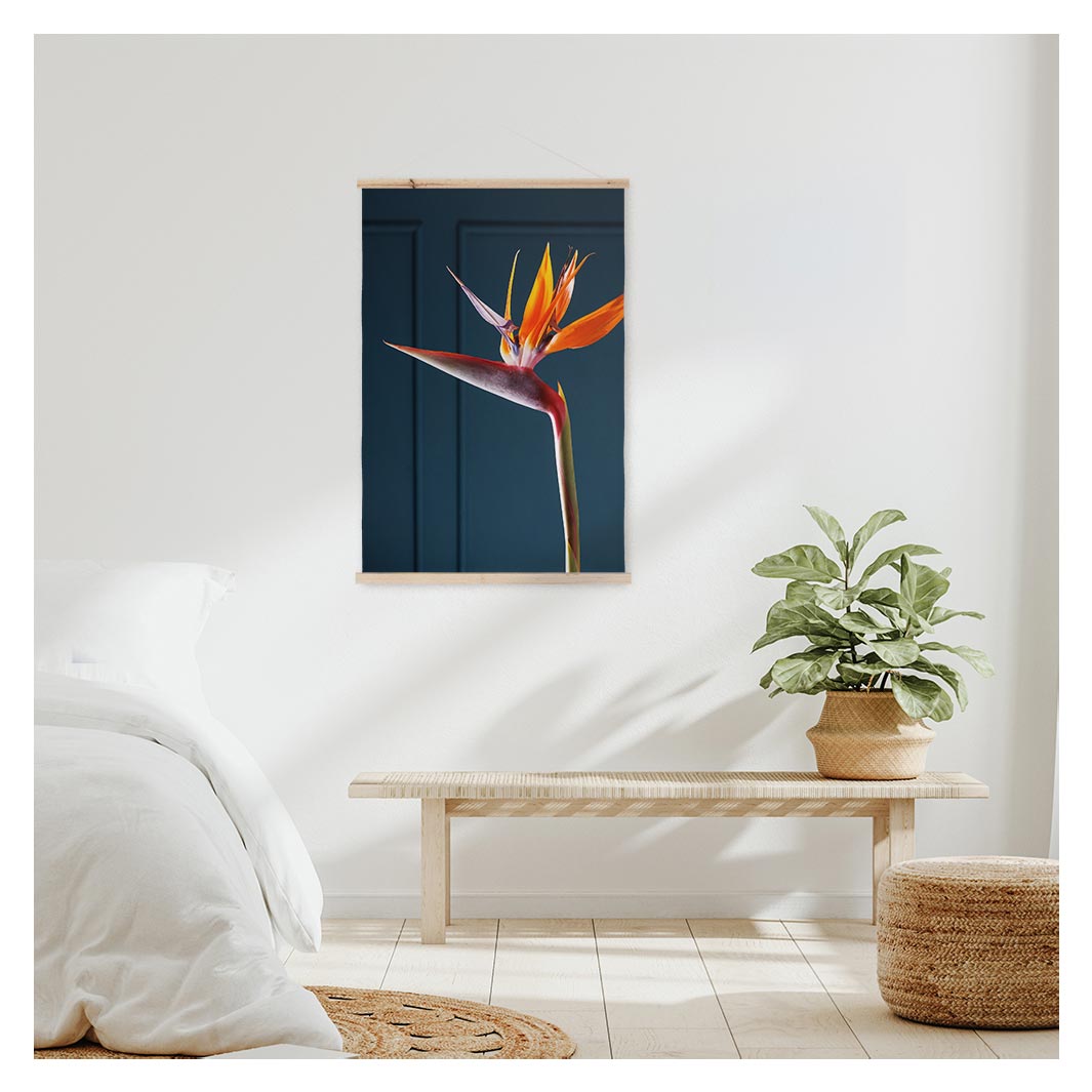 SINGLE STRELITZIA ON DARK BLUE WALL HANGING