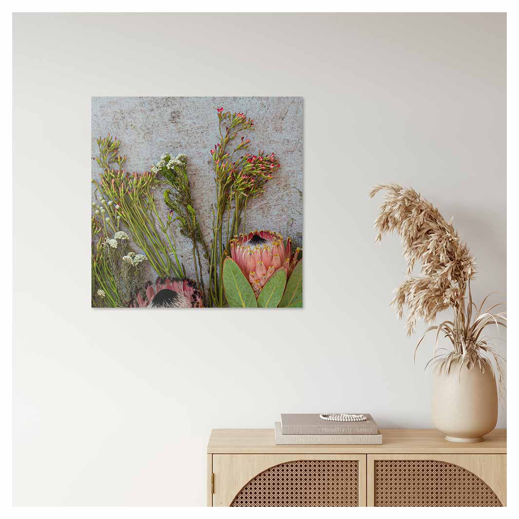 FLORAL PINK MIXED PROTEASWITH GREEN FOLIAGE PERSPEX