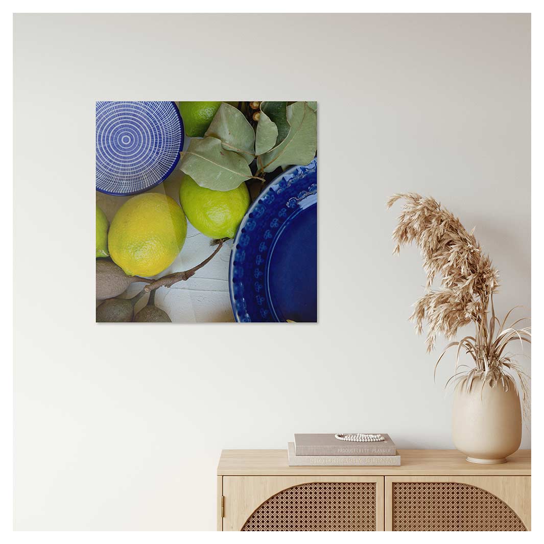FLORAL LEMONS AND BLUE PLATES WITH FOLIAGE PERSPEX