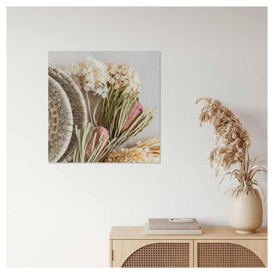 FLORAL CREAM AND GREY BASKET WITH PINK BANKSEAS  PERSPEX