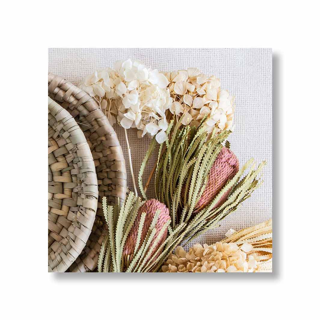FLORAL CREAM AND GREY BASKET WITH PINK BANKSEAS  PERSPEX