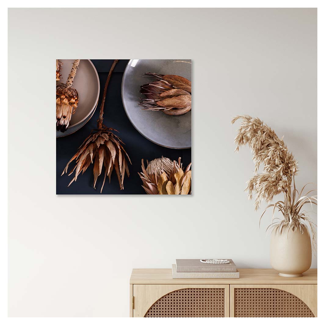 GOLDEN PROTEA AND PLATES PERSPEX