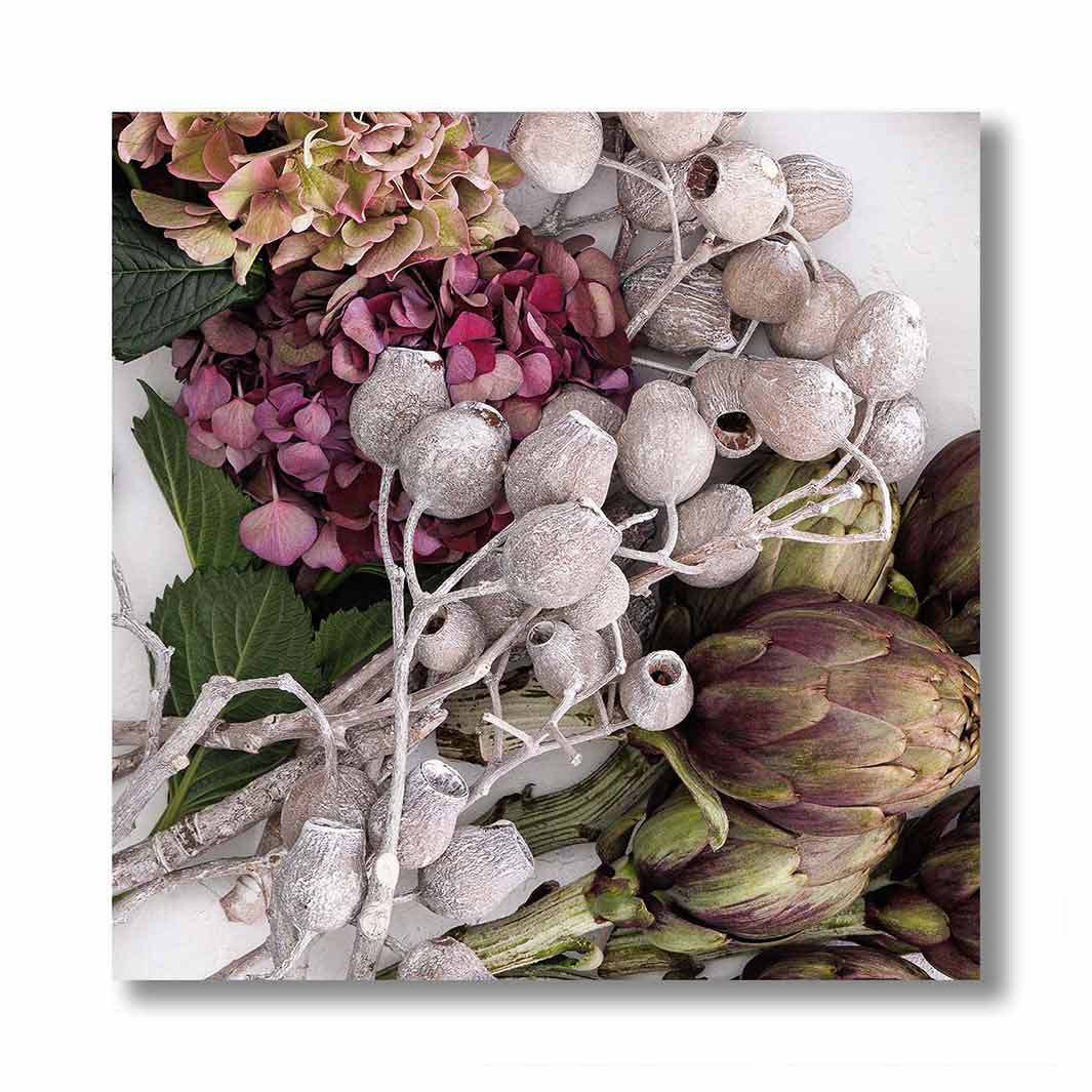 HYDRANGEA AND MUTED ARTICHOKES PERSPEX