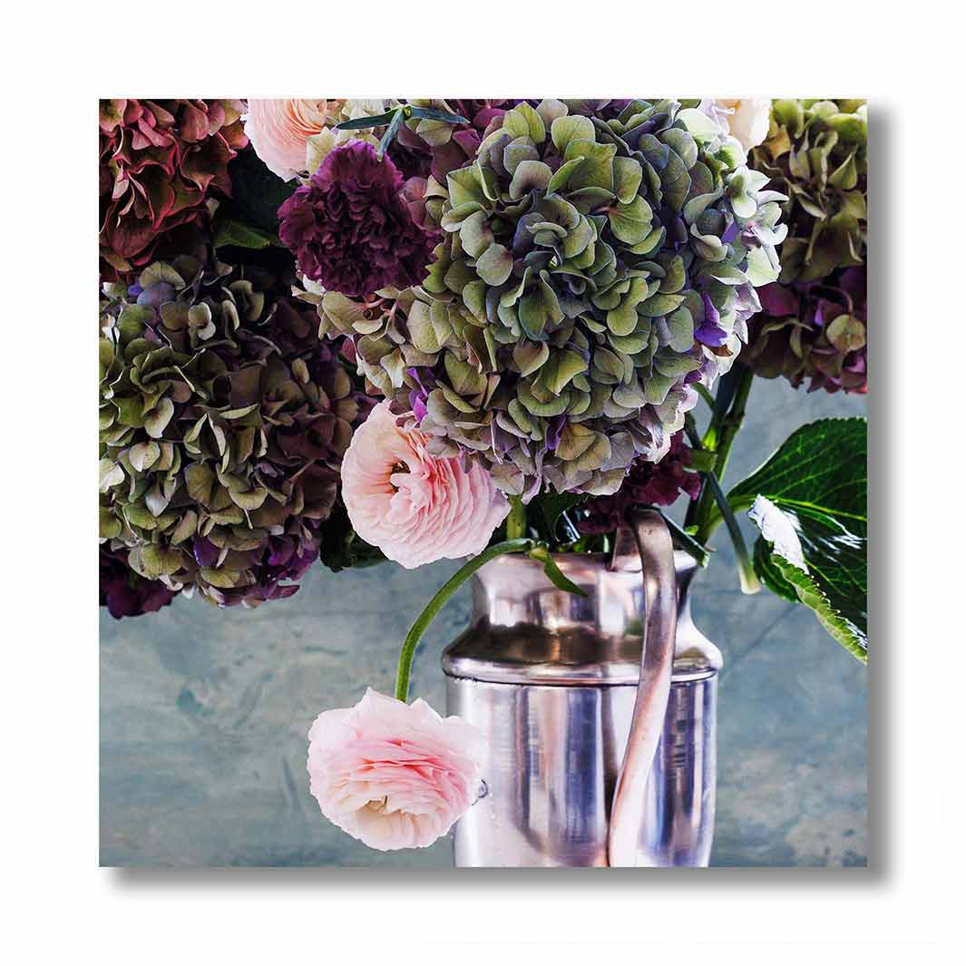 HYDRANGEA RANUNCULUS FLORALS ON BLUE PERSPEX