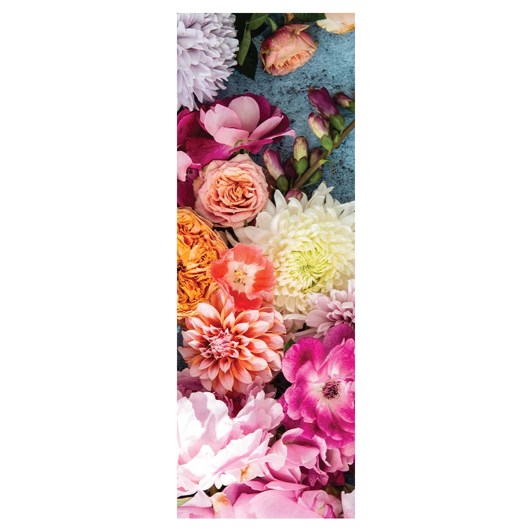 FLORAL PINK PEONY AND DAHLIA BOUQUET ON BLUE YOGA MAT