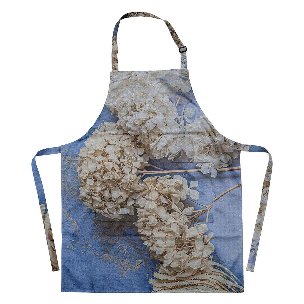 FLORAL CREAM BLEACHED HYDRANGEAS ON BLUE APRON