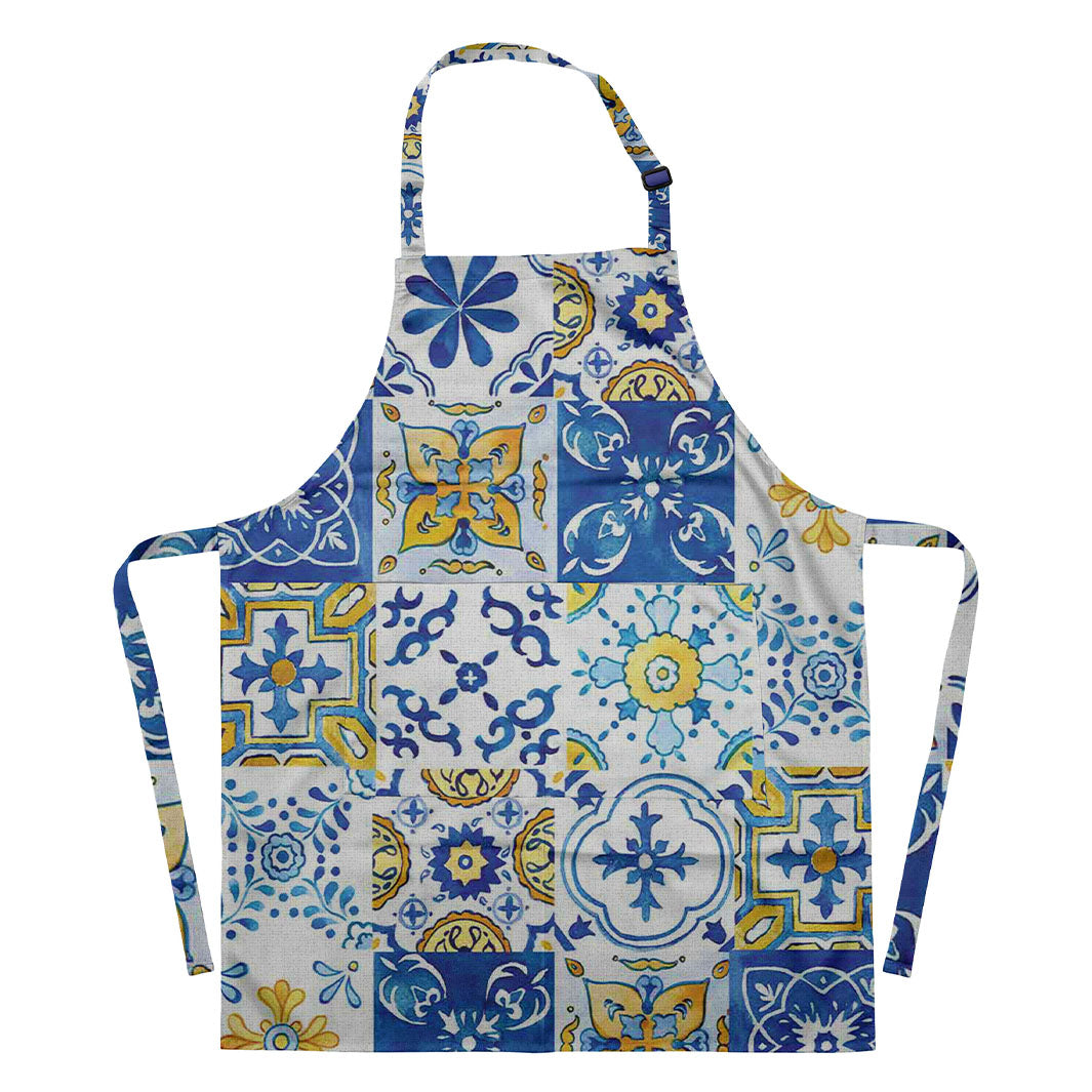PATTERN BLUE AND YELLOW WATERCOLOUR LISBON TILE APRON