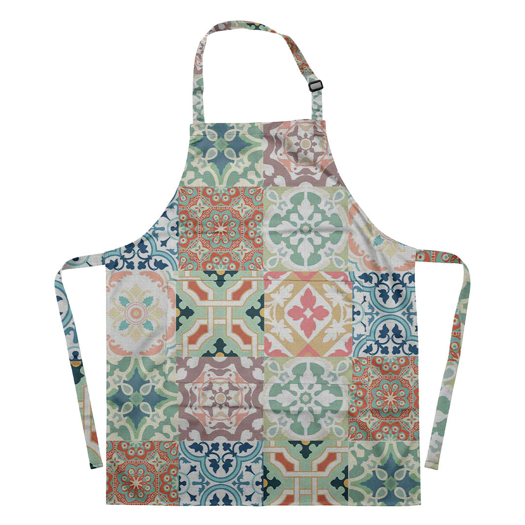 PATTERN TEAL AND ORANGE TILE APRON