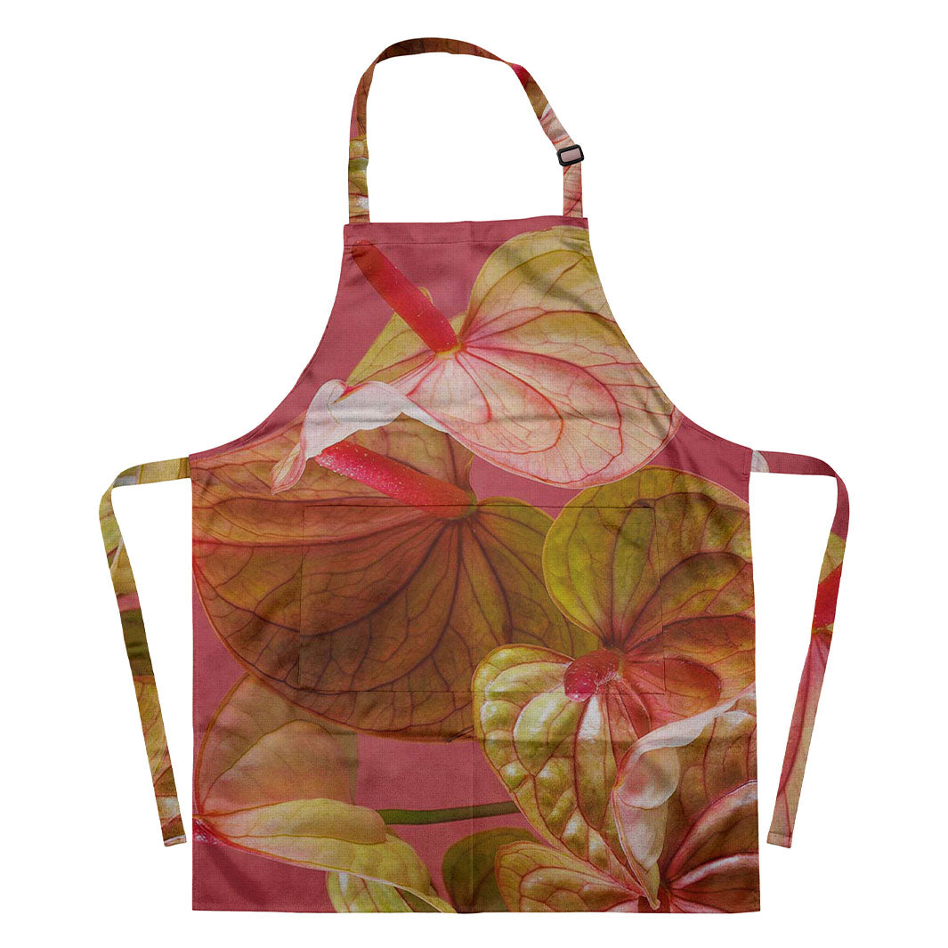 ANTHURIUM LIGHT PINK AND GREEN ON MAGENTA APRON