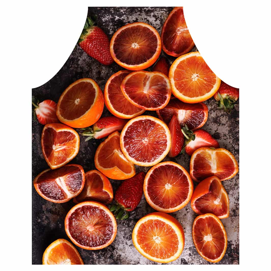 BLOOD ORANGES AND STRAWBERRIES ON RUSTIC TRAY APRON