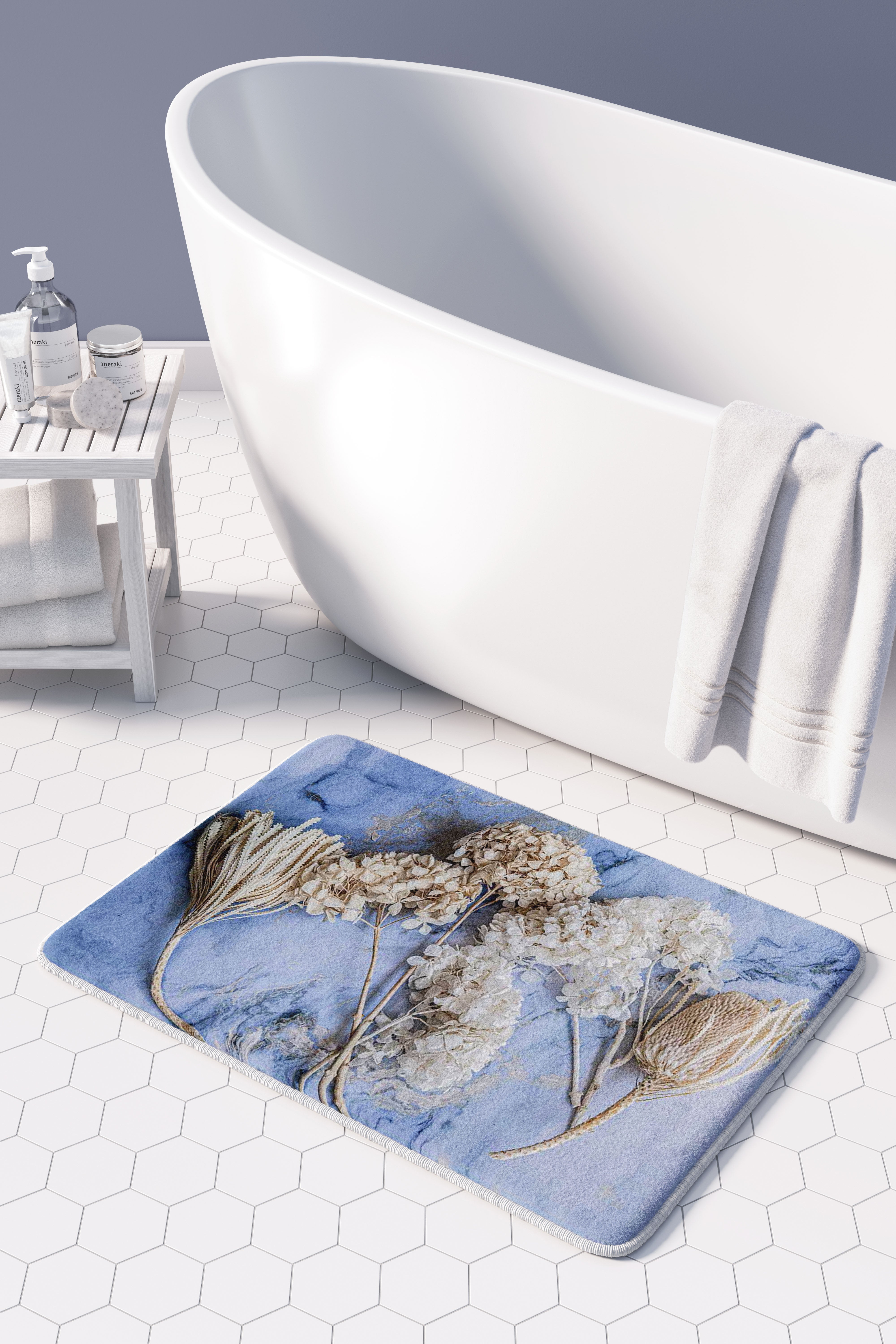 FLORAL CREAM BLEACHED HYDRANGEAS ON BLUE BATHMAT