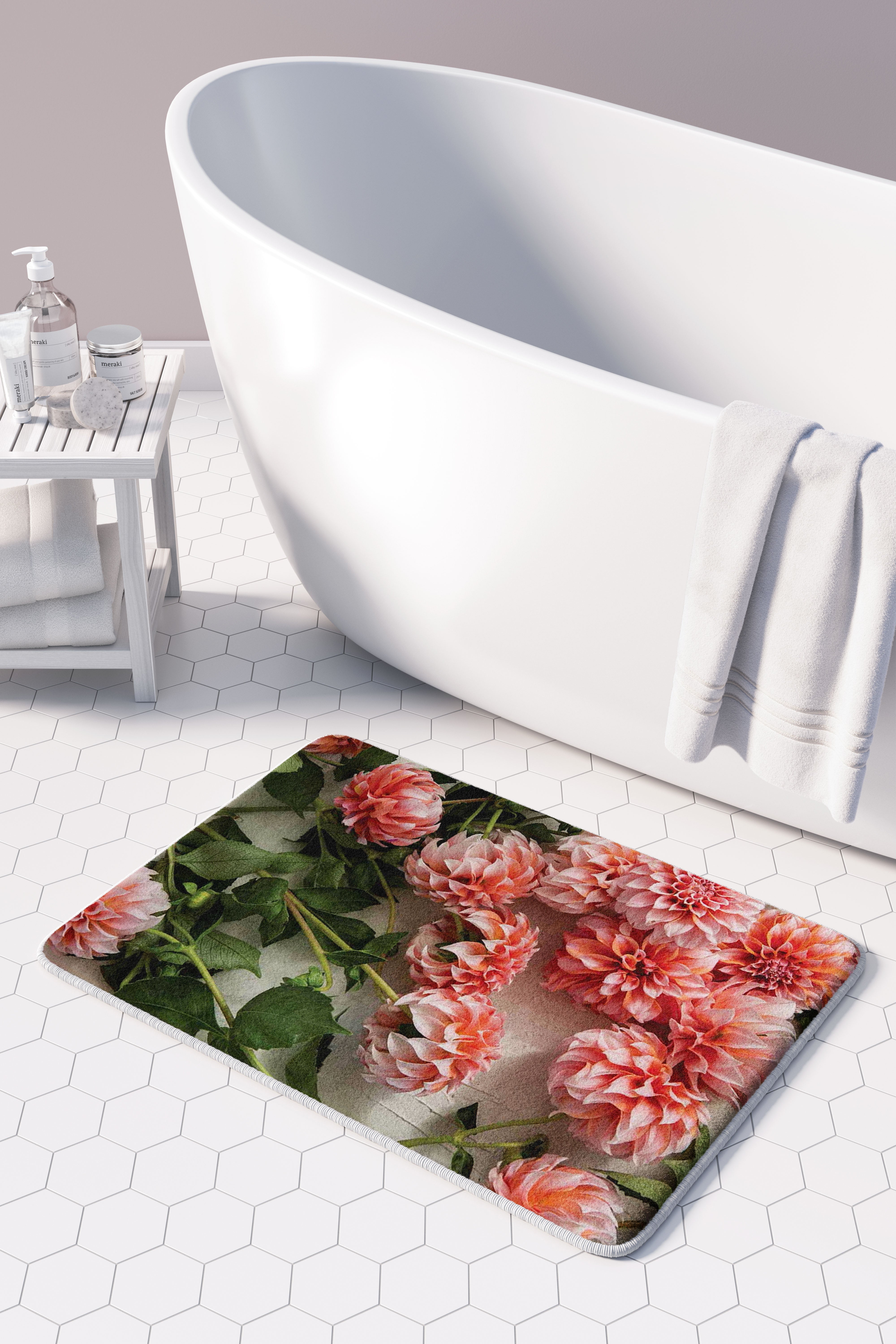 FLORAL ORANGE SCATTERED DAHLIAS WITH LEAVES BATHMAT