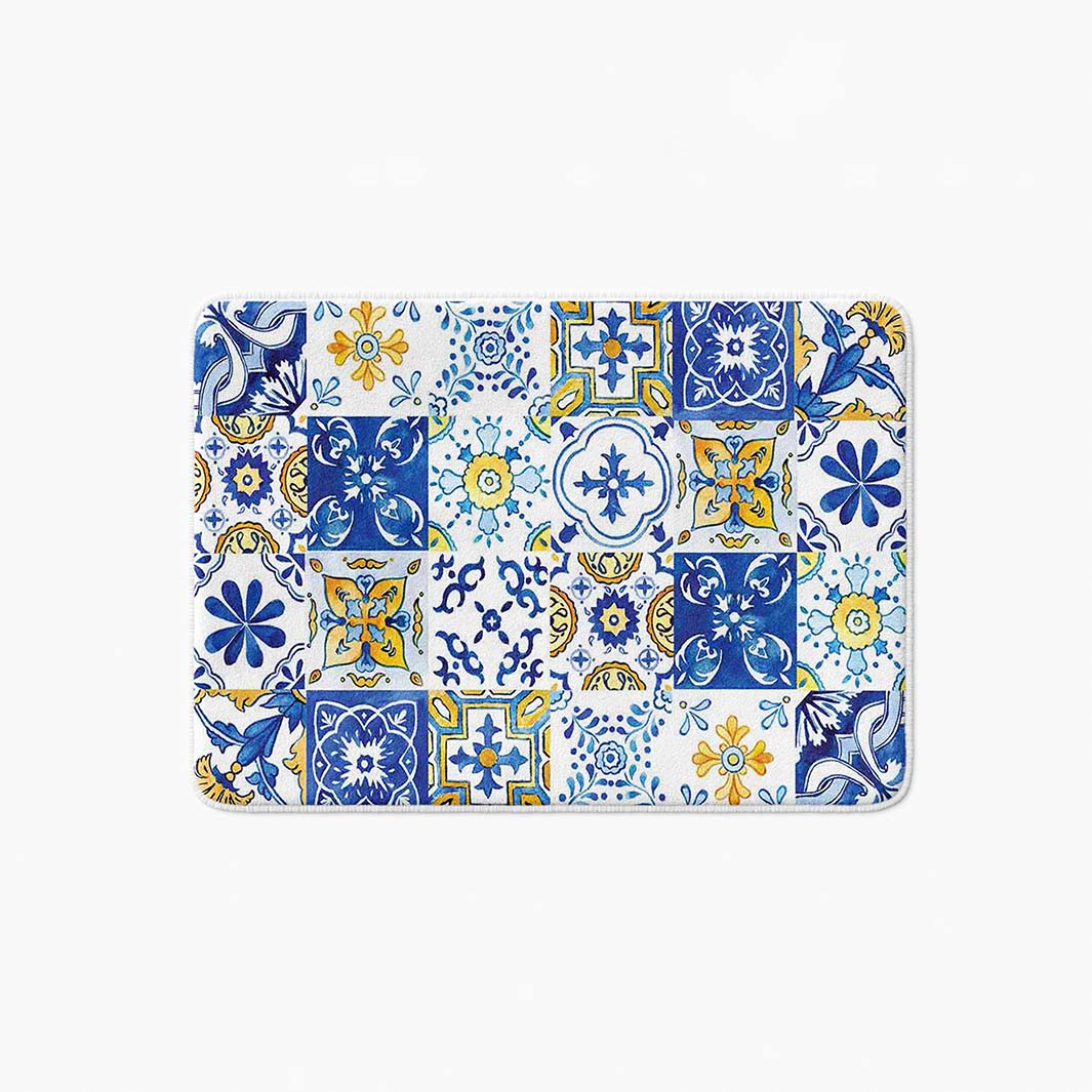 PATTERN BLUE AND YELLOW WATERCOLOUR LISBON TILE BATHMAT