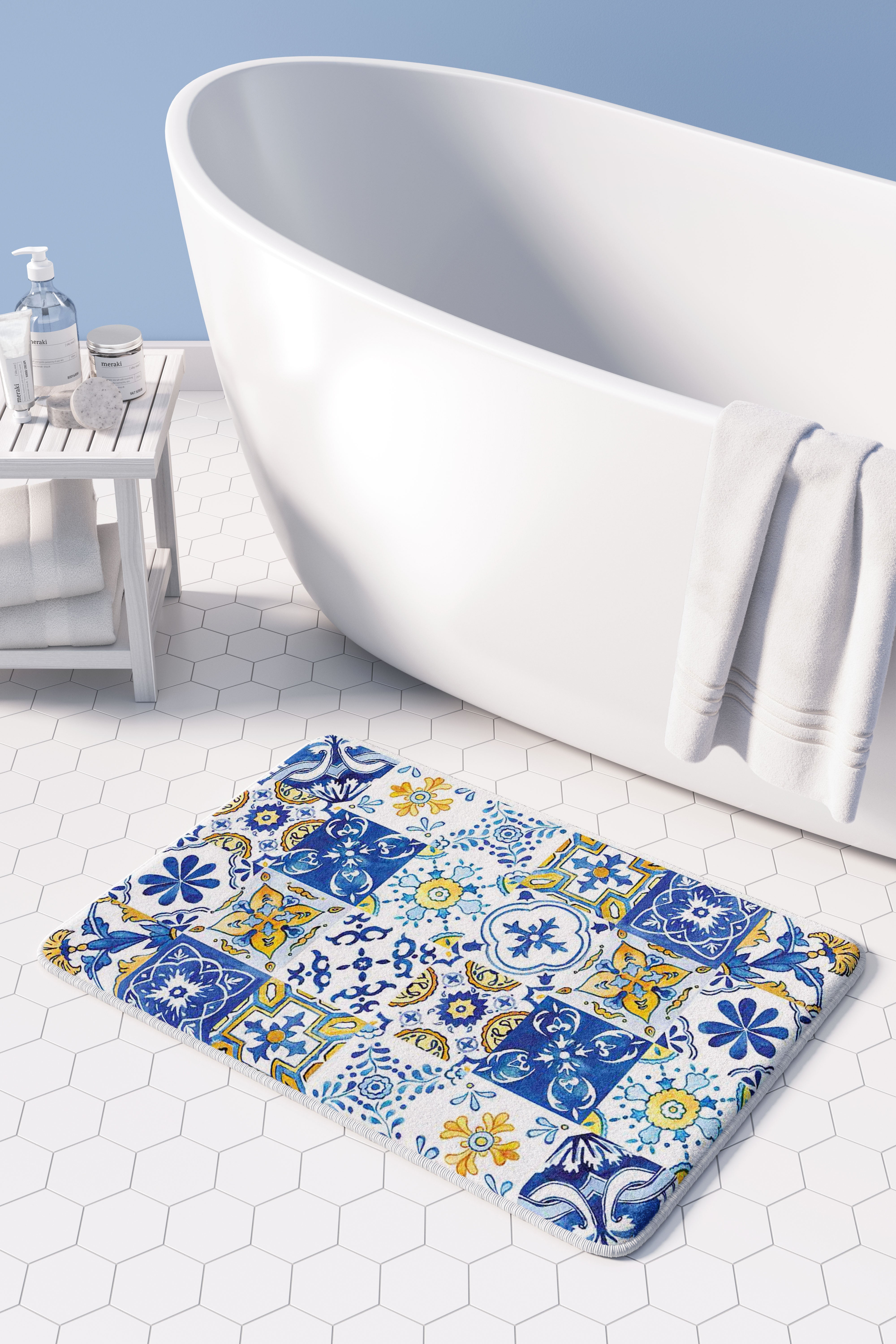 PATTERN BLUE AND YELLOW WATERCOLOUR LISBON TILE BATHMAT