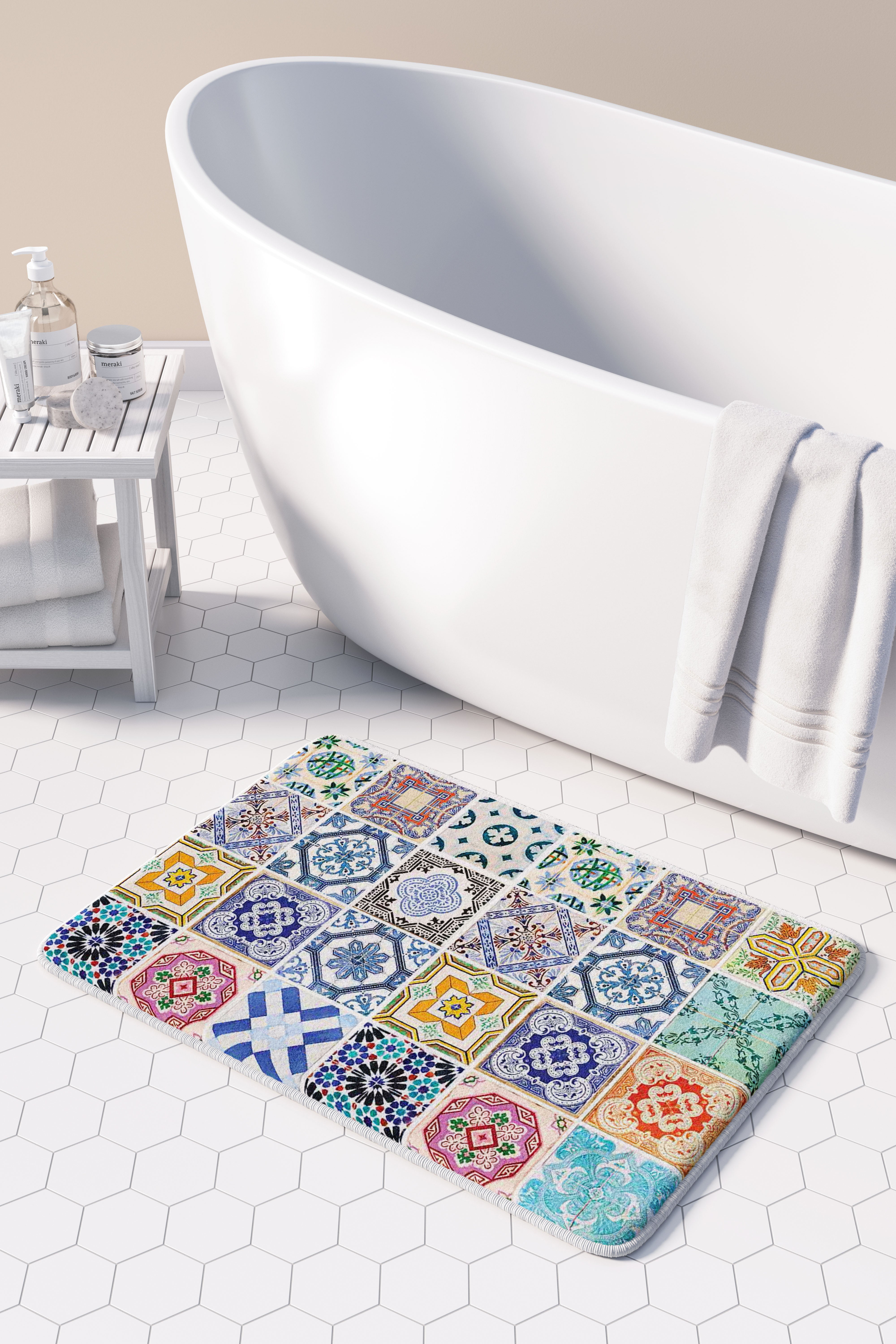 PATTERN BLUE COLOURFUL TILE BATHMAT