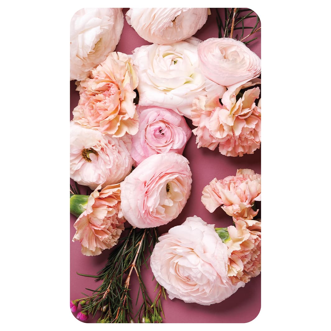 ROSES, PEONIES, AND WAX FLOWERS ON PINK KITCHEN TOWEL