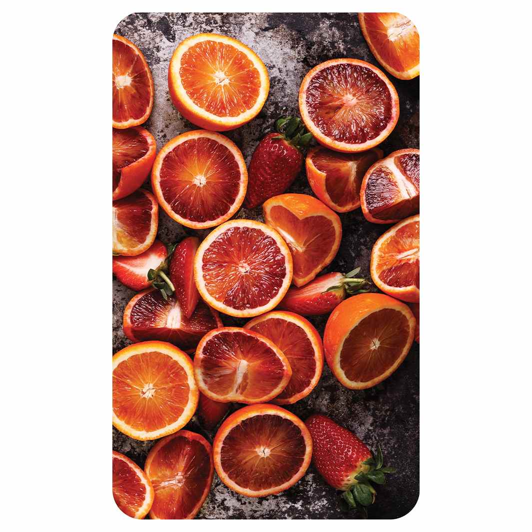 BLOOD ORANGES AND STRAWBERRIES ON RUSTIC TRAY KITCHEN TOWEL