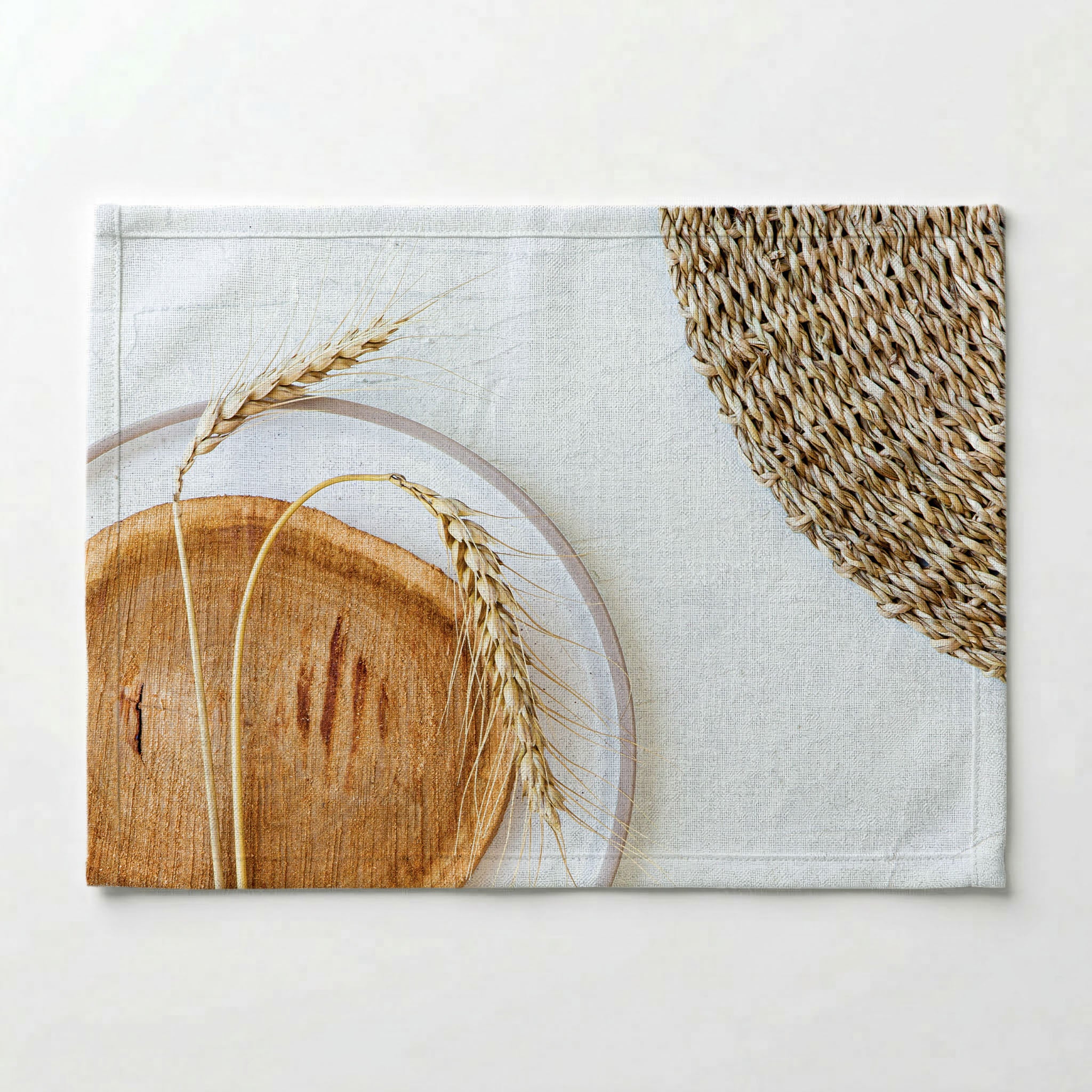 NATURAL BEIGE WHEAT ON WOOD AND WHITE PLACEMAT