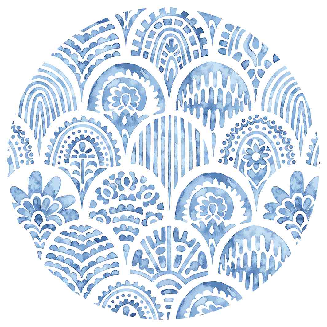 BLUE WATERCOLOUR SCALLOP PATTERN ROUND RUG