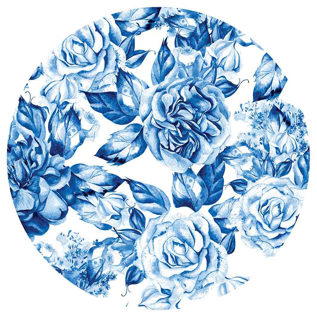 BLUE ROSE GARDEN ON WHITE ROUND RUG