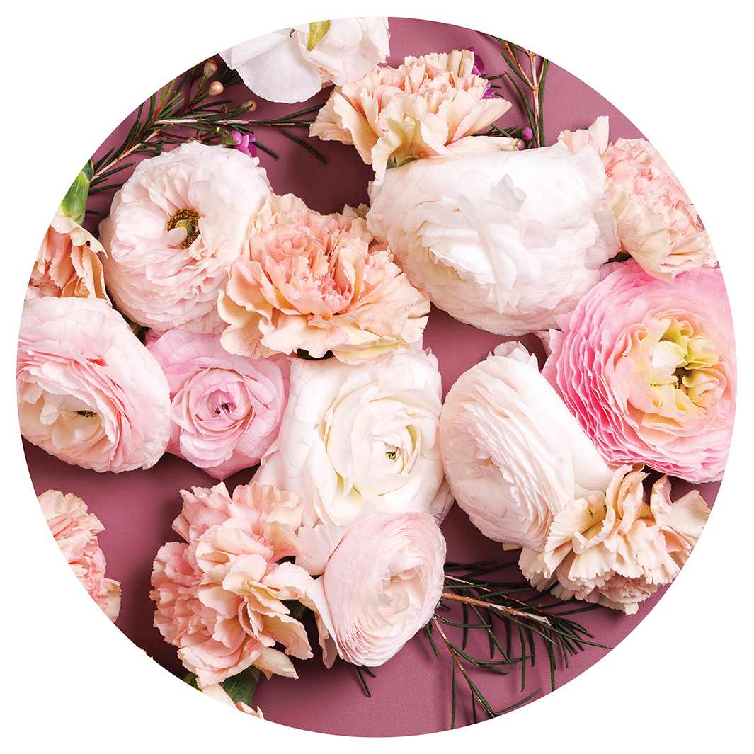 ROSES, PEONIES, AND WAX FLOWERS ON PINK ROUND RUG