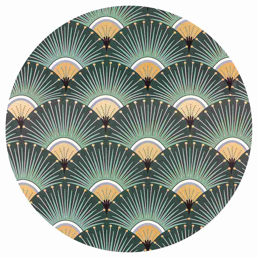 GREEN AND GOLD ART DECO FAN PATTERN ROUND RUG