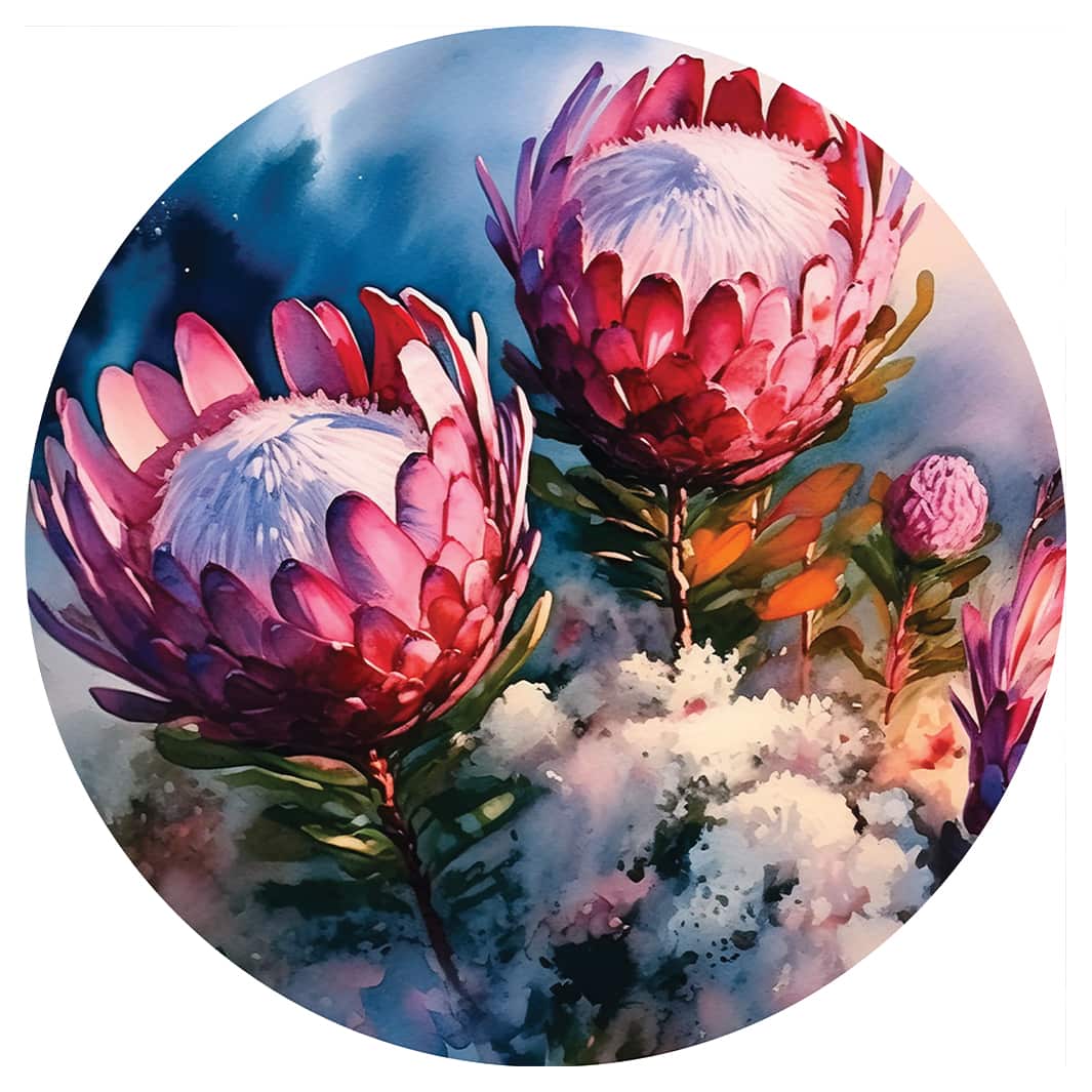 DEEP PINK PROTEAS DURING DUSK ROUND RUG