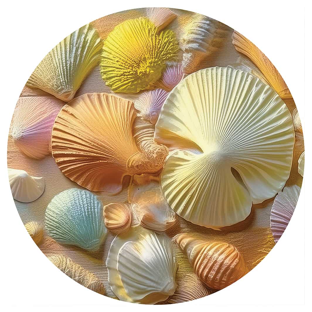 PASTEL SEASHELLS ON WOOD ROUND RUG