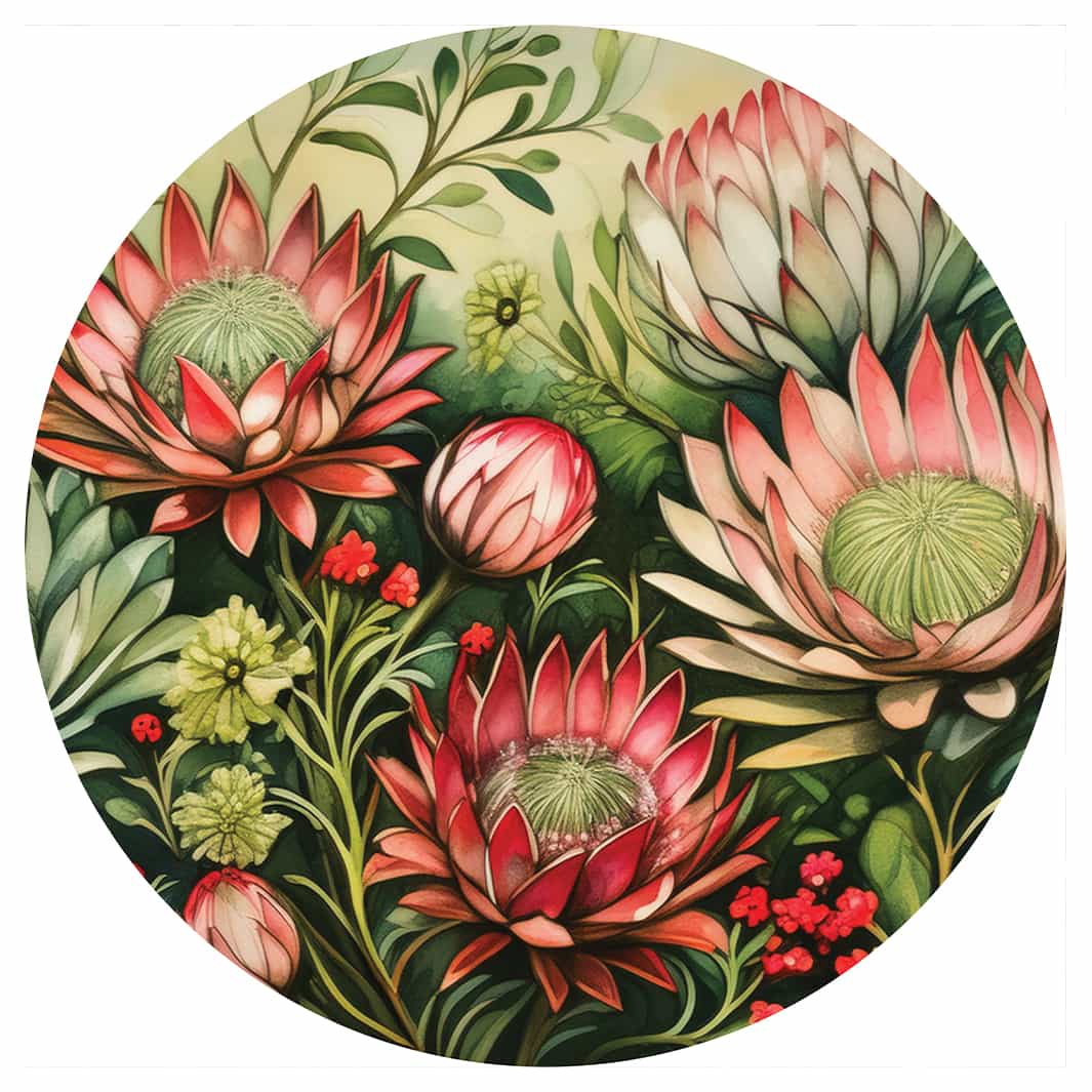 PINK AND GREEN PROTEA BUSH ROUND RUG