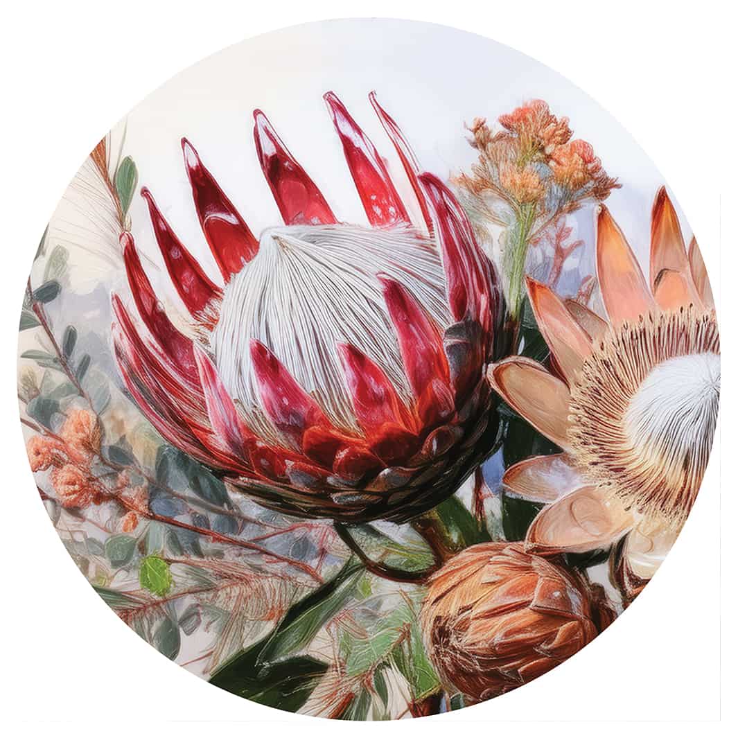 PROTEA BUNCH ON WHITE ROUND RUG