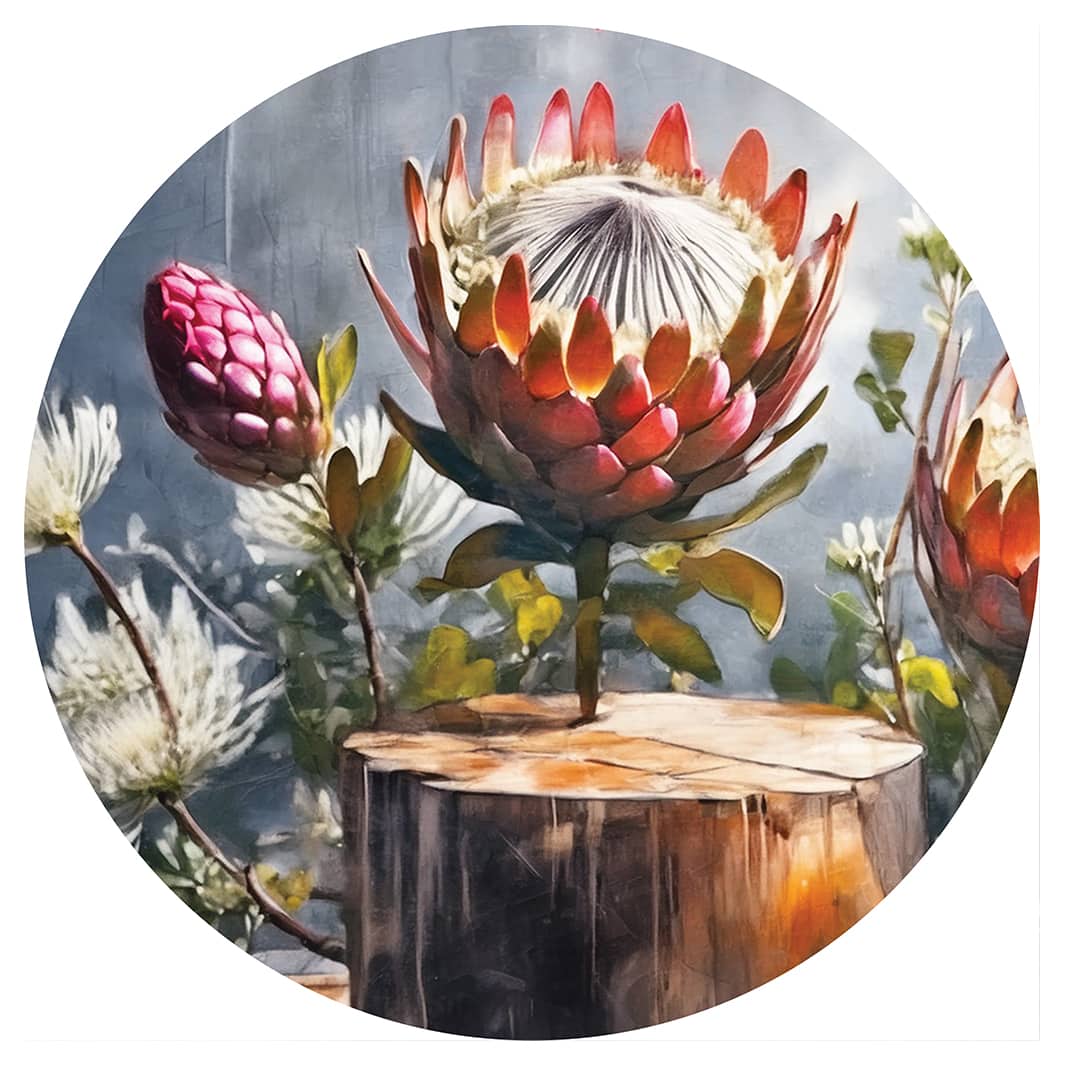 PROTEAS BEHIND TREE STUMP ROUND RUG