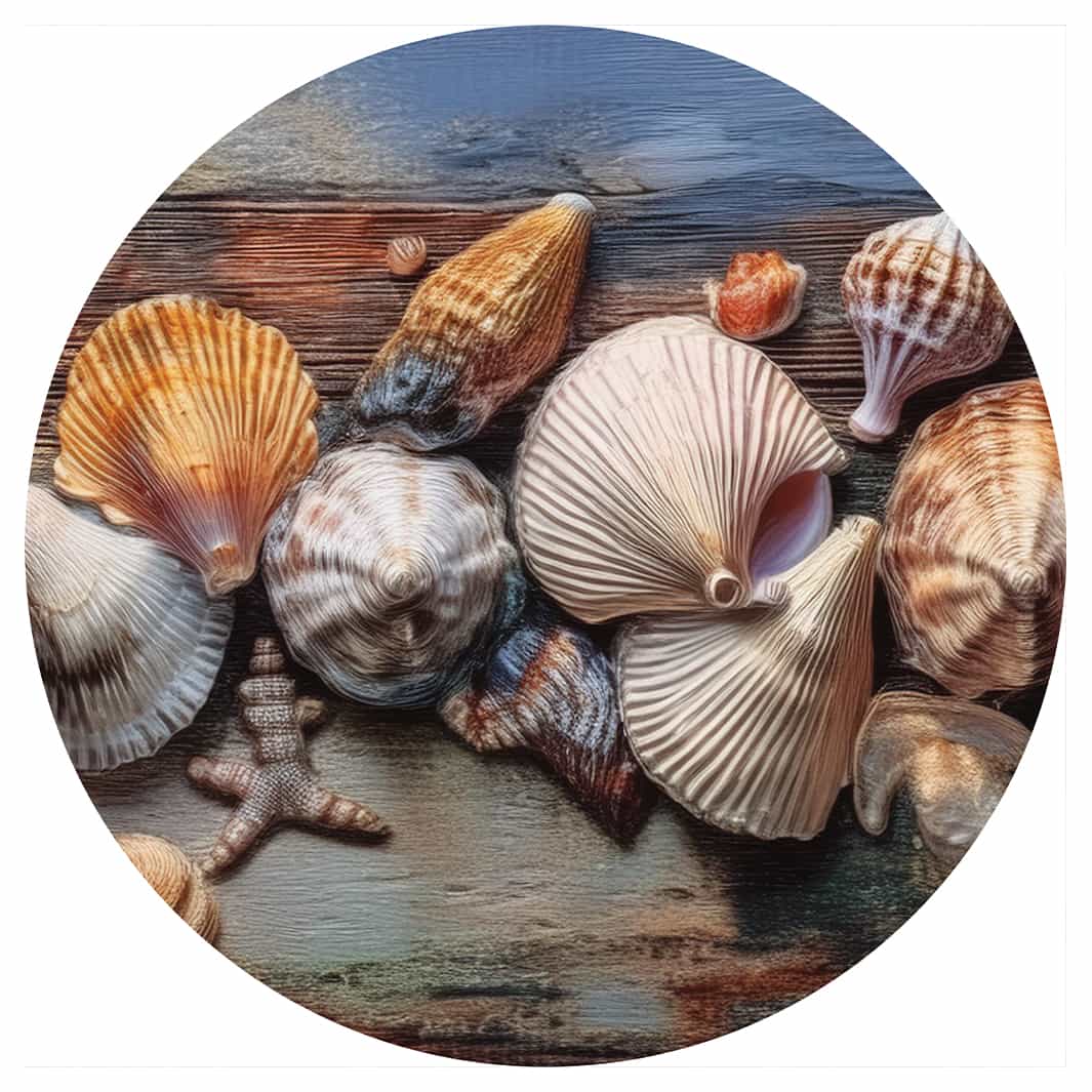 DRAWN SEASHELLS ON DARK WOOD ROUND RUG