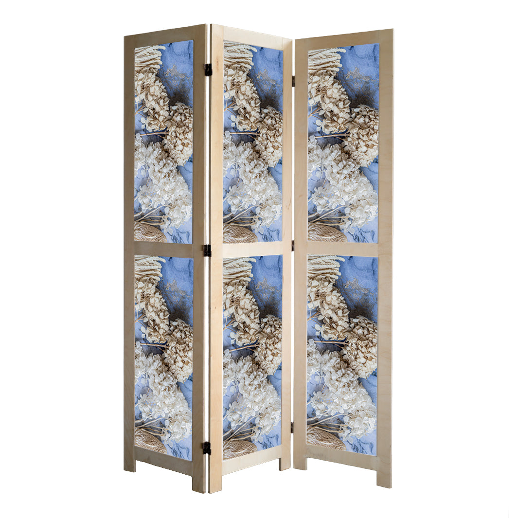 FLORAL CREAM BLEACHED HYDRANGEAS ON BLUE ROOM DIVIDER