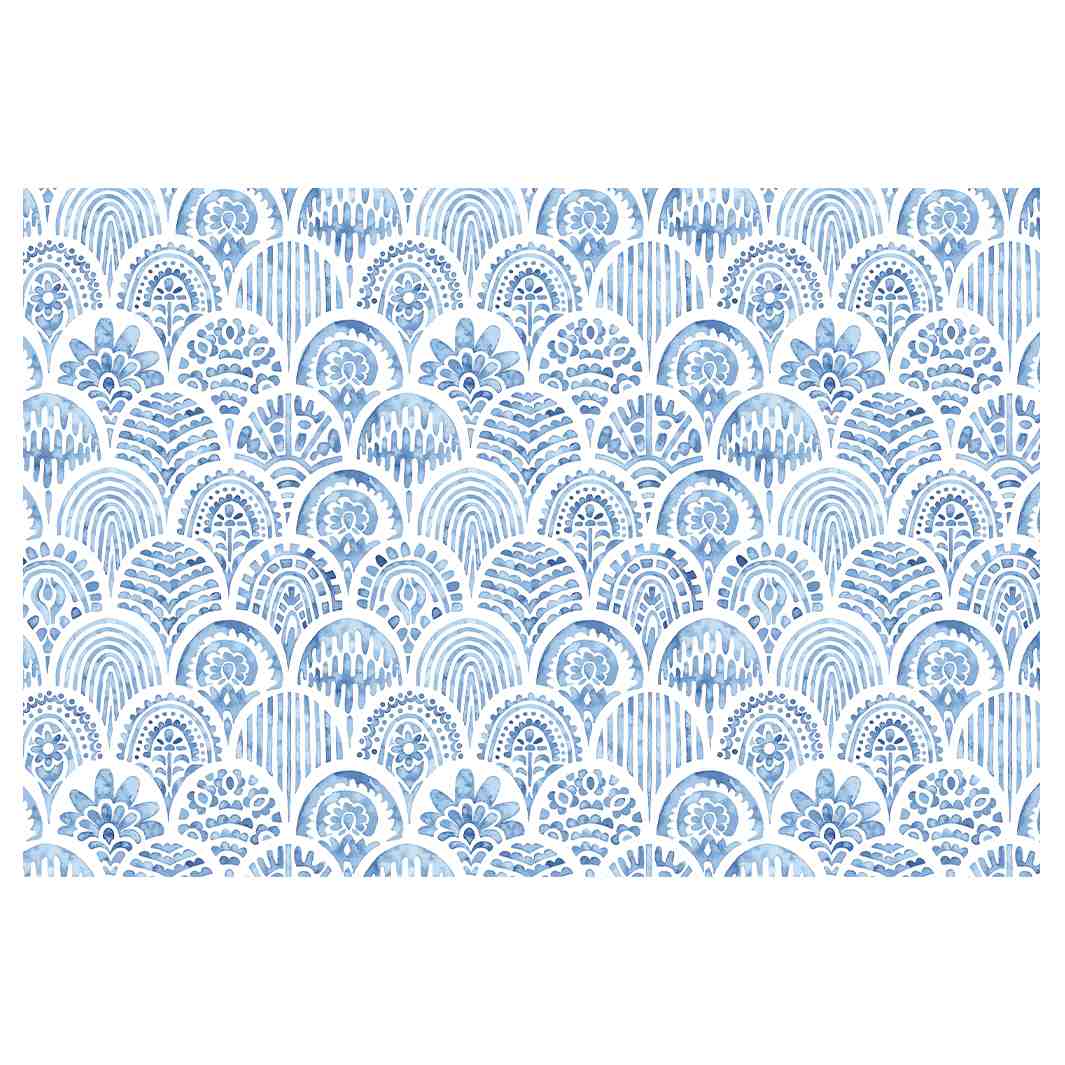 BLUE WATERCOLOUR SCALLOP PATTERN RECTANGULAR RUG