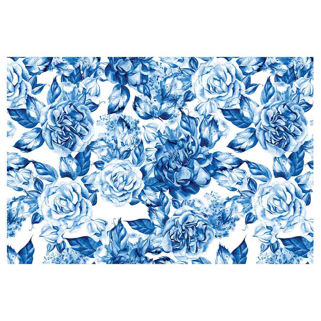 BLUE ROSE GARDEN ON WHITE RECTANGULAR RUG