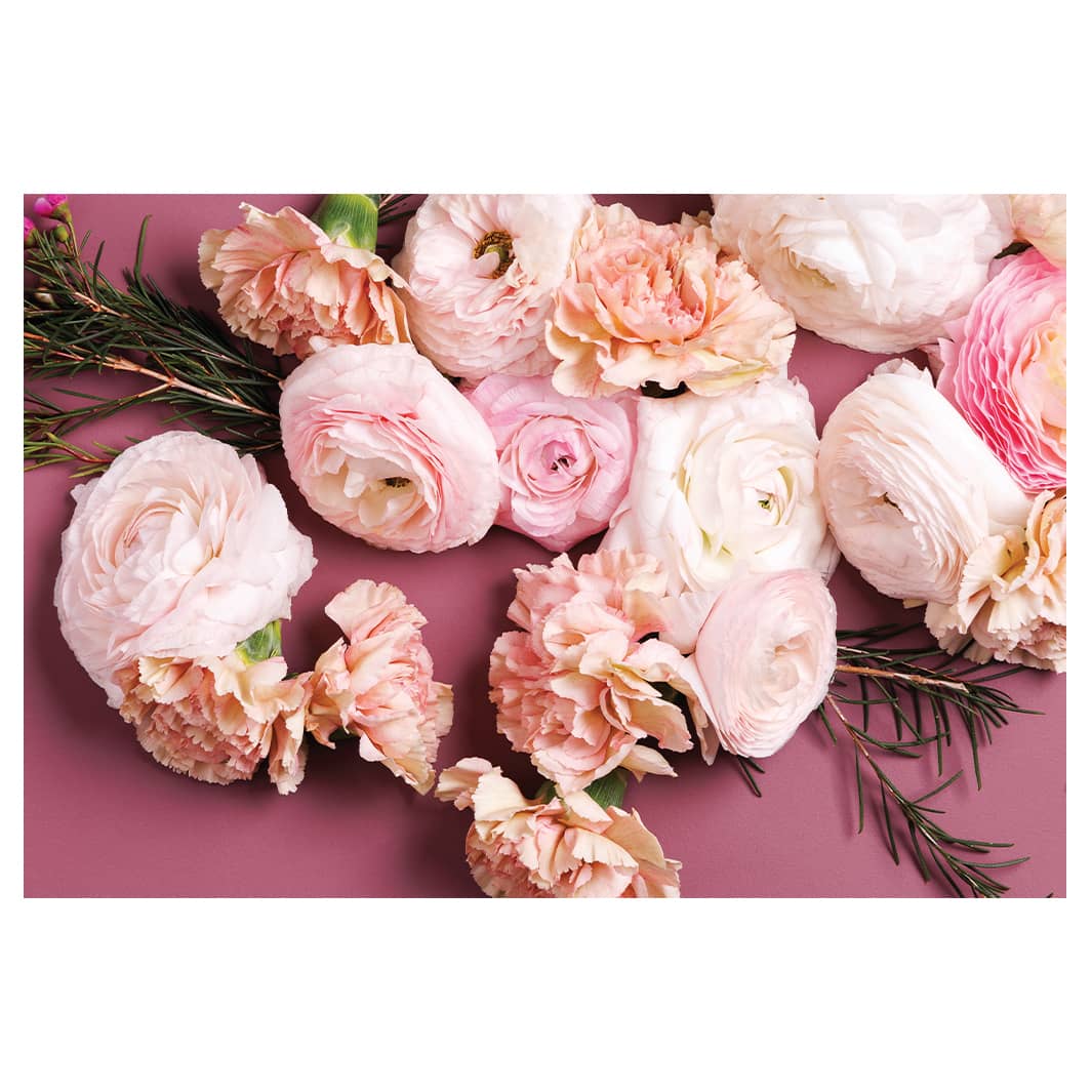 ROSES, PEONIES, AND WAX FLOWERS ON PINK RECTANGULAR RUG