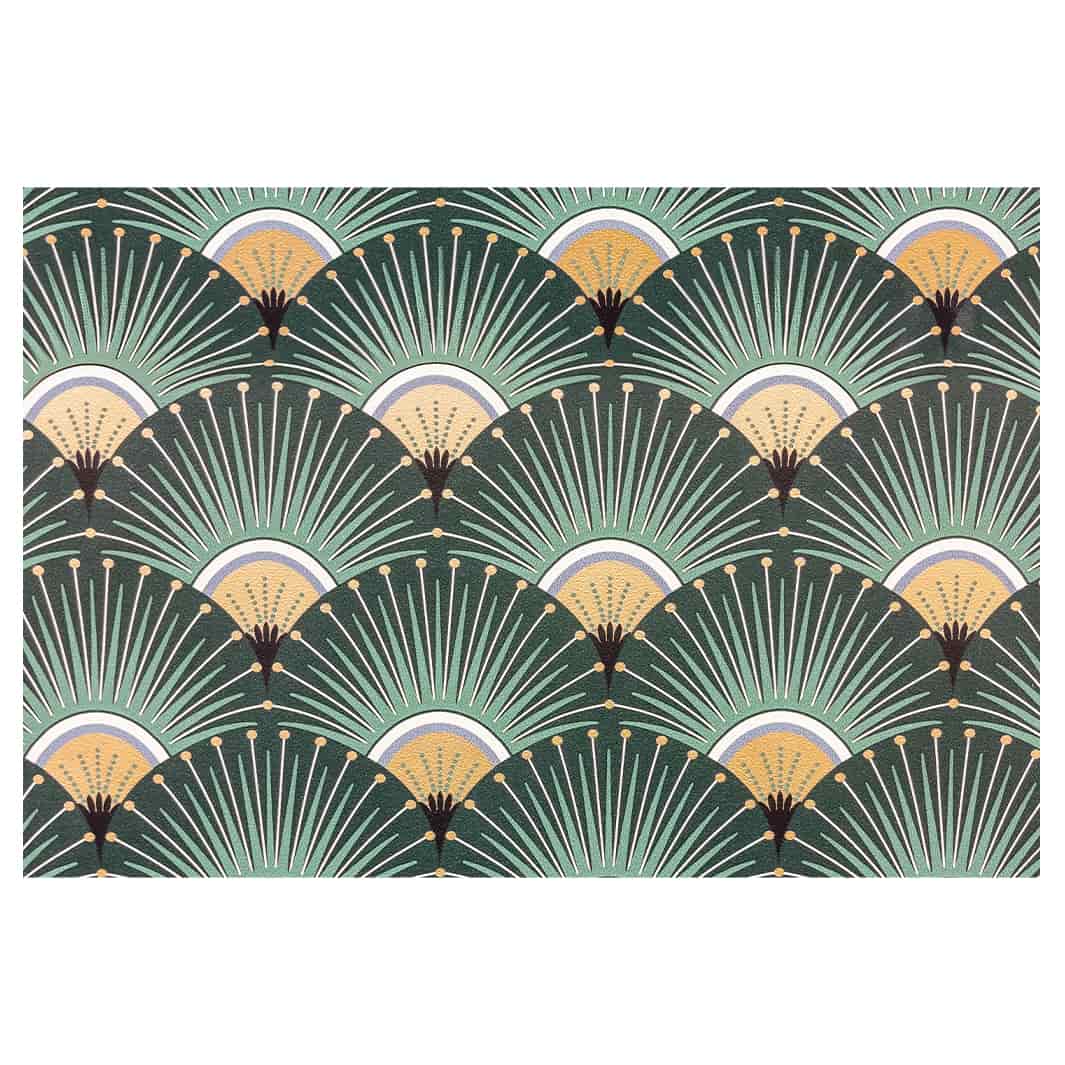 GREEN AND GOLD ART DECO FAN PATTERN RECTANGULAR RUG