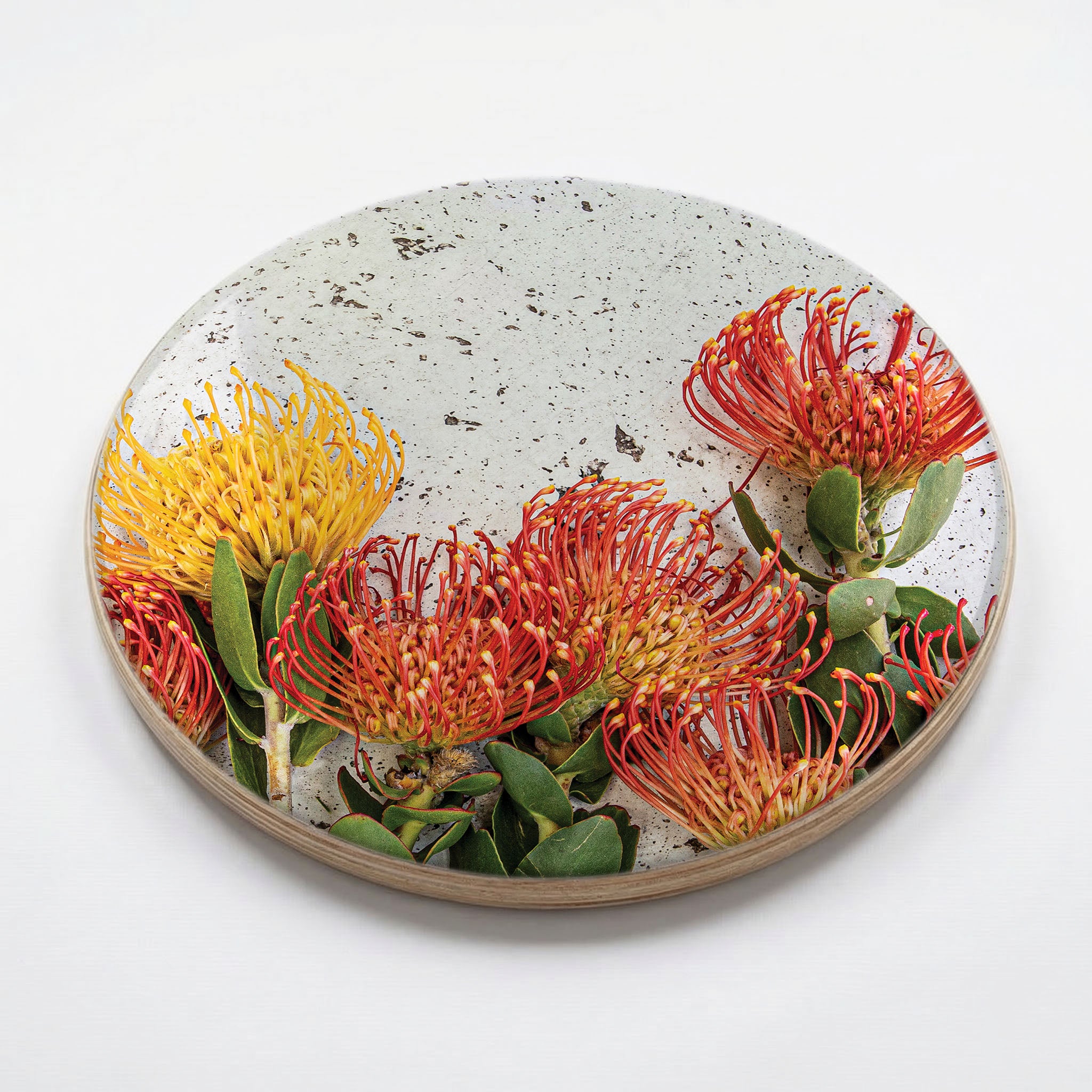 FLORAL ORANGE PIN CUSHIONS ON WHITE CHEESEBOARD