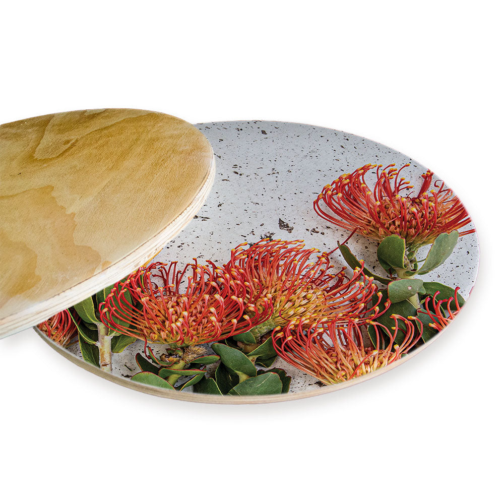 FLORAL ORANGE PIN CUSHIONS ON WHITE CHEESEBOARD