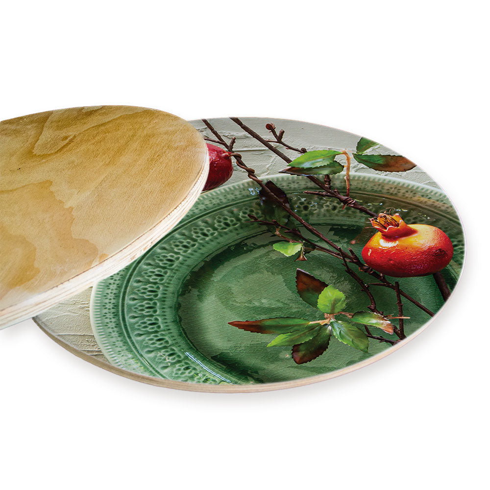 NATURAL RED POMEGRANATES ON GREEN PLATE CHEESEBOARD