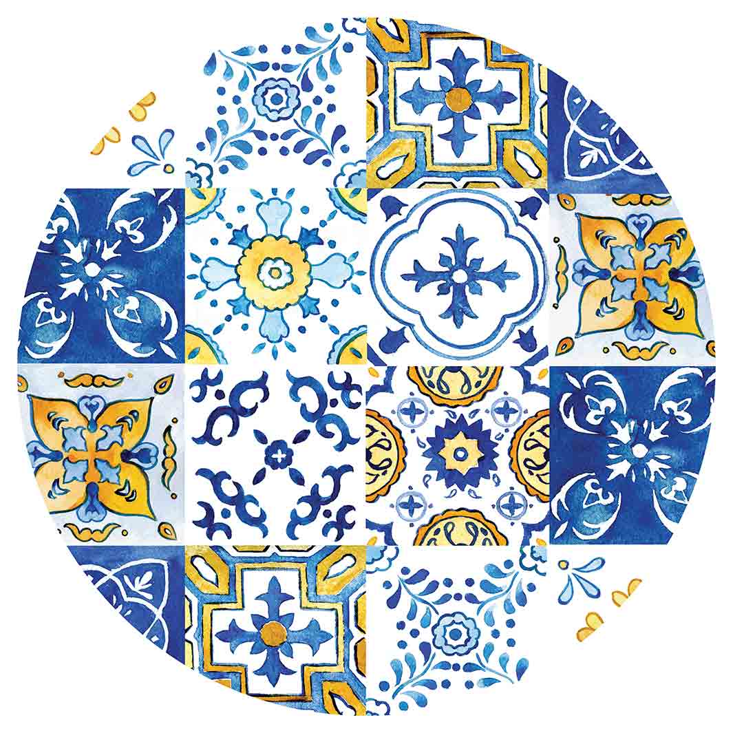 PATTERN BLUE AND YELLOW WATERCOLOUR LISBON TILE CHEESEBOARD