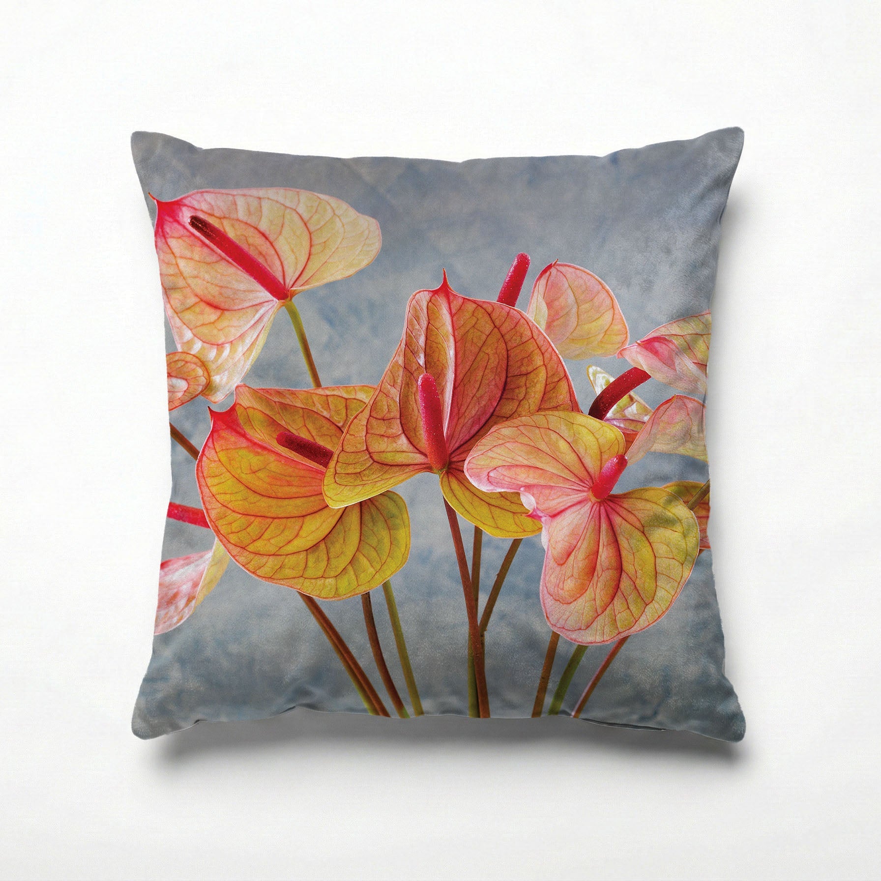 ANTHURIUM LIGHT PINK AND GREEN ON BLUE SCATTER CUSHION