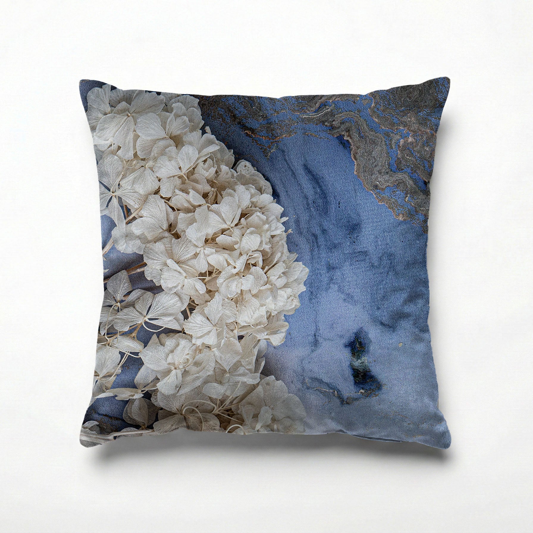 FLORAL CREAM BLEACHED HYDRANGEAS ON BLUE SCATTER CUSHION