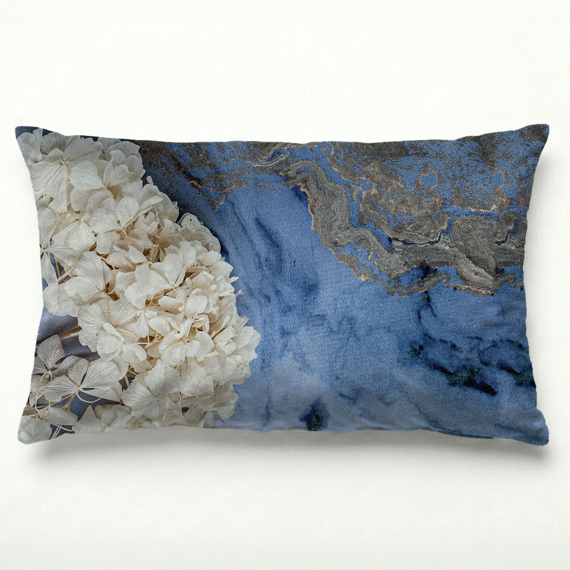 FLORAL CREAM BLEACHED HYDRANGEAS ON BLUE SCATTER CUSHION
