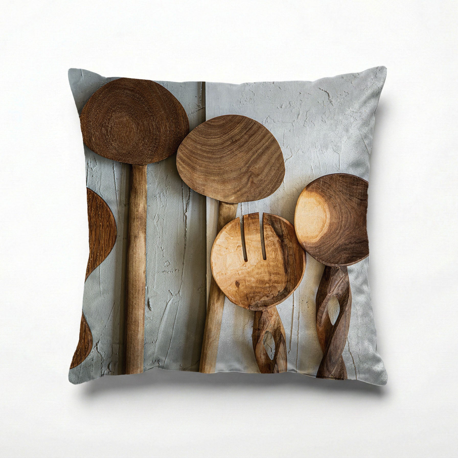 NATURAL BROWN WOODEN SPOONS ON GREY AND WHITE SCATTER CUSHION