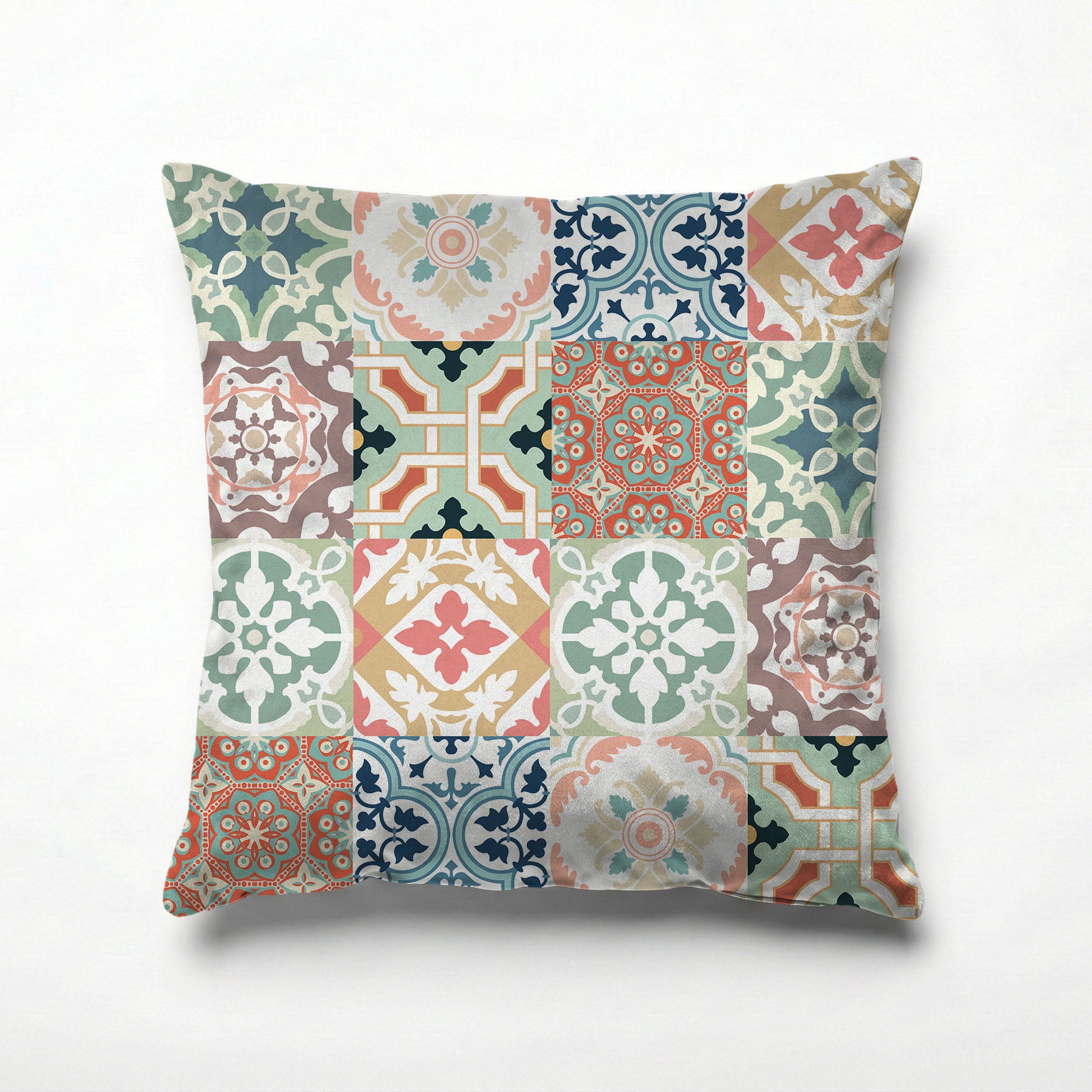 PATTERN TEAL AND ORANGE TILE SCATTER CUSHION