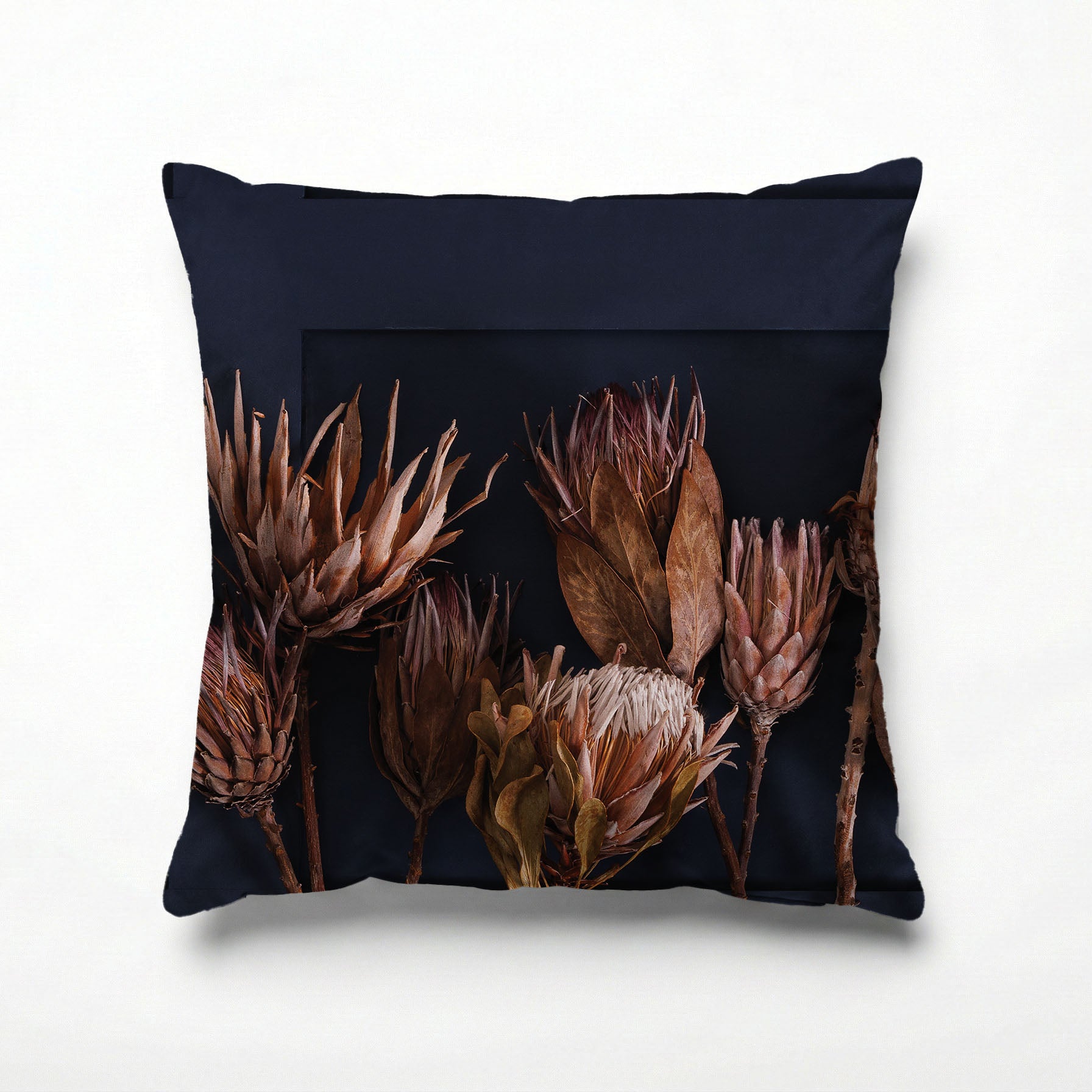 GOLDEN PROTEA ARRANGEMENT ON DARK BLUE SCATTER CUSHION